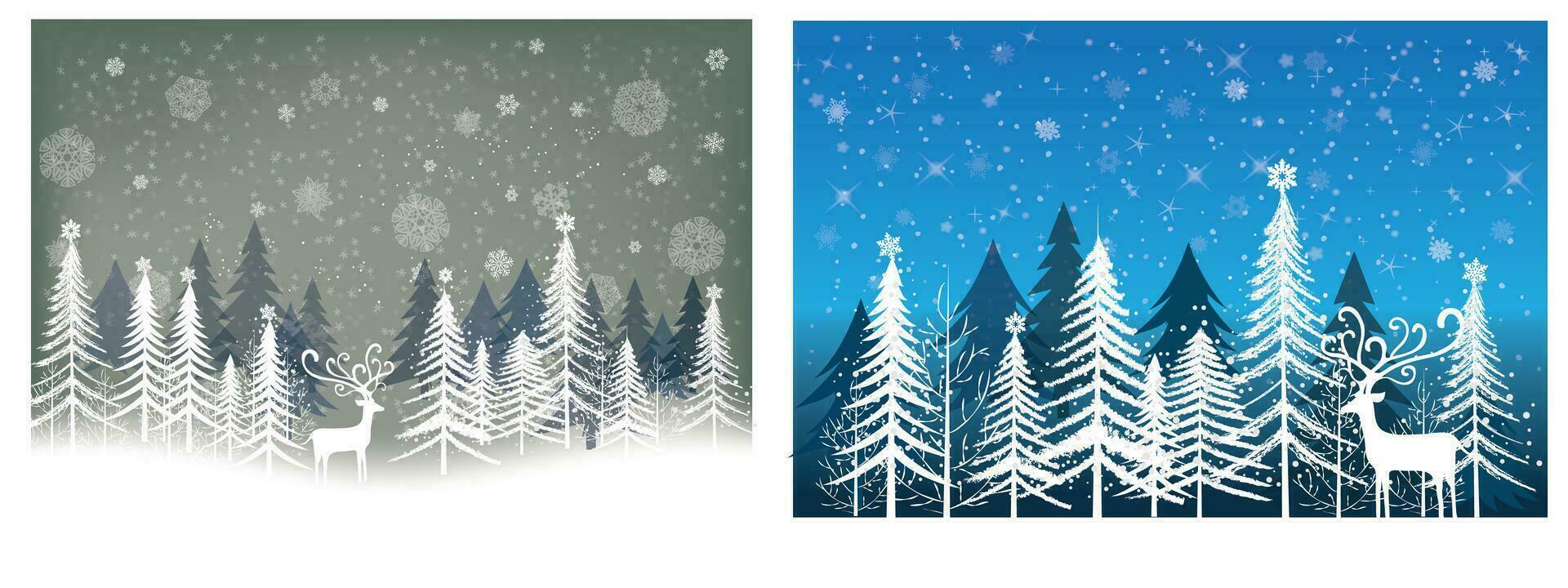 vinter- försäljning produkt baner, tall skog landskap, snö med vit rådjur, papper illustration vektor