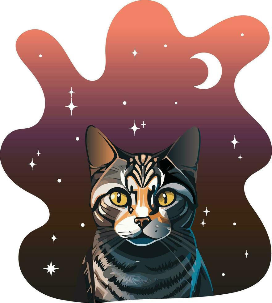 es ist ein süß Gourami Katze mit ein Gradient Hintergrund umgeben durch Sterne und das Mond. Tier Illustration mit das Mond, drucken. es ist ein süß skizzieren mit ein Mystiker Kosmos Element. vektor