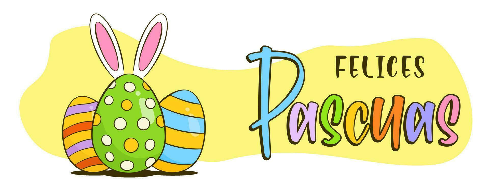 Ostern Banner Konzept mit bunt Beschriftung im Spanisch und Ostern Eier mit Hase Ohren vektor