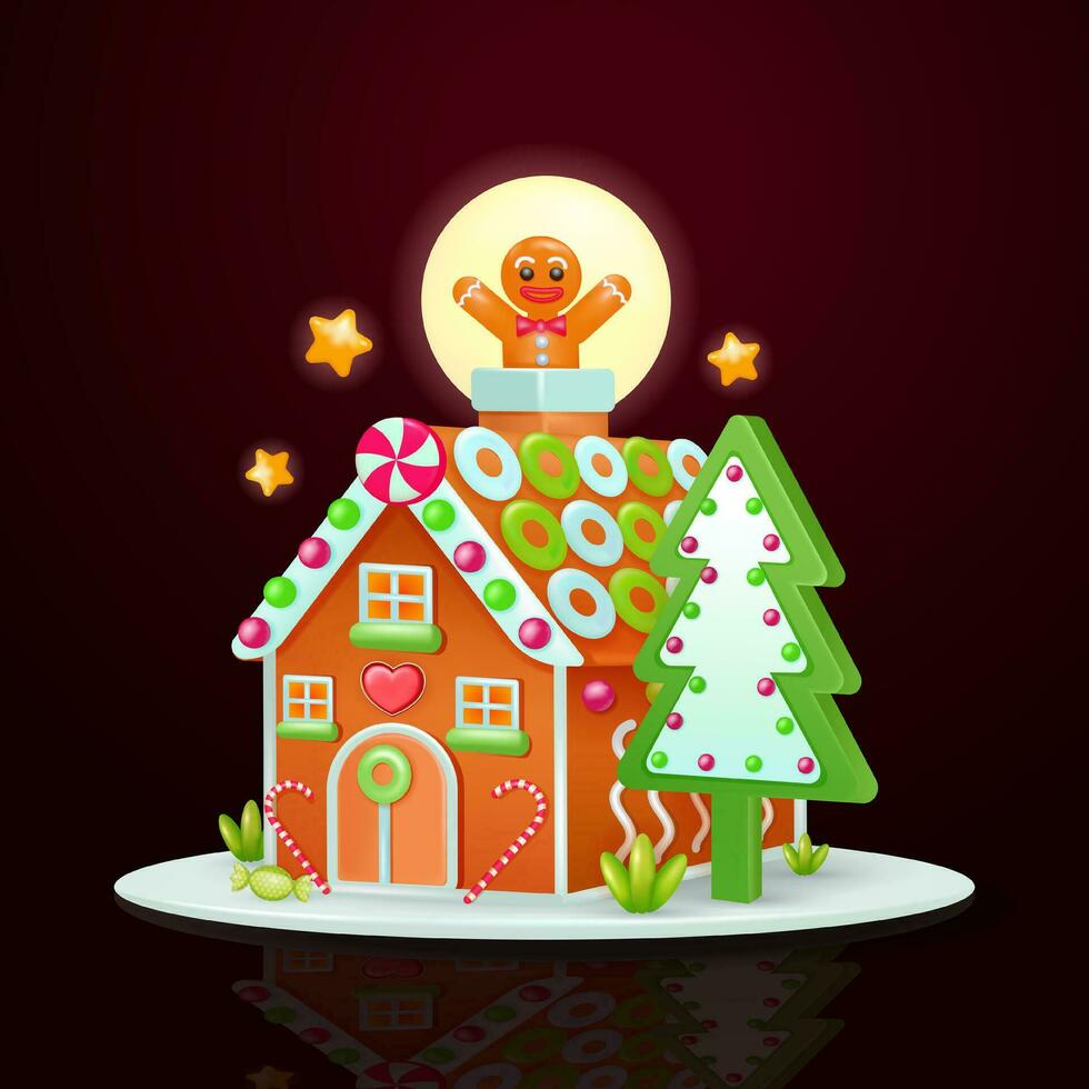 Lebkuchen Haus mit Plätzchen Baum und Lebkuchen Mann, 3d Vektor. perfekt zum Weihnachten, Urlaub und Party Kekse vektor