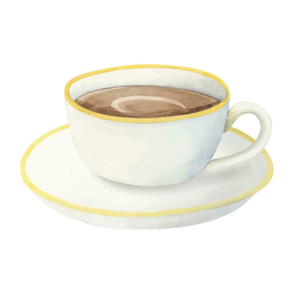 vit keramisk kaffe kopp med cappuccino, varm choklad eller kakao vattenfärg vektor illustration för menyer, inbjudningar, logotyper, och grafik