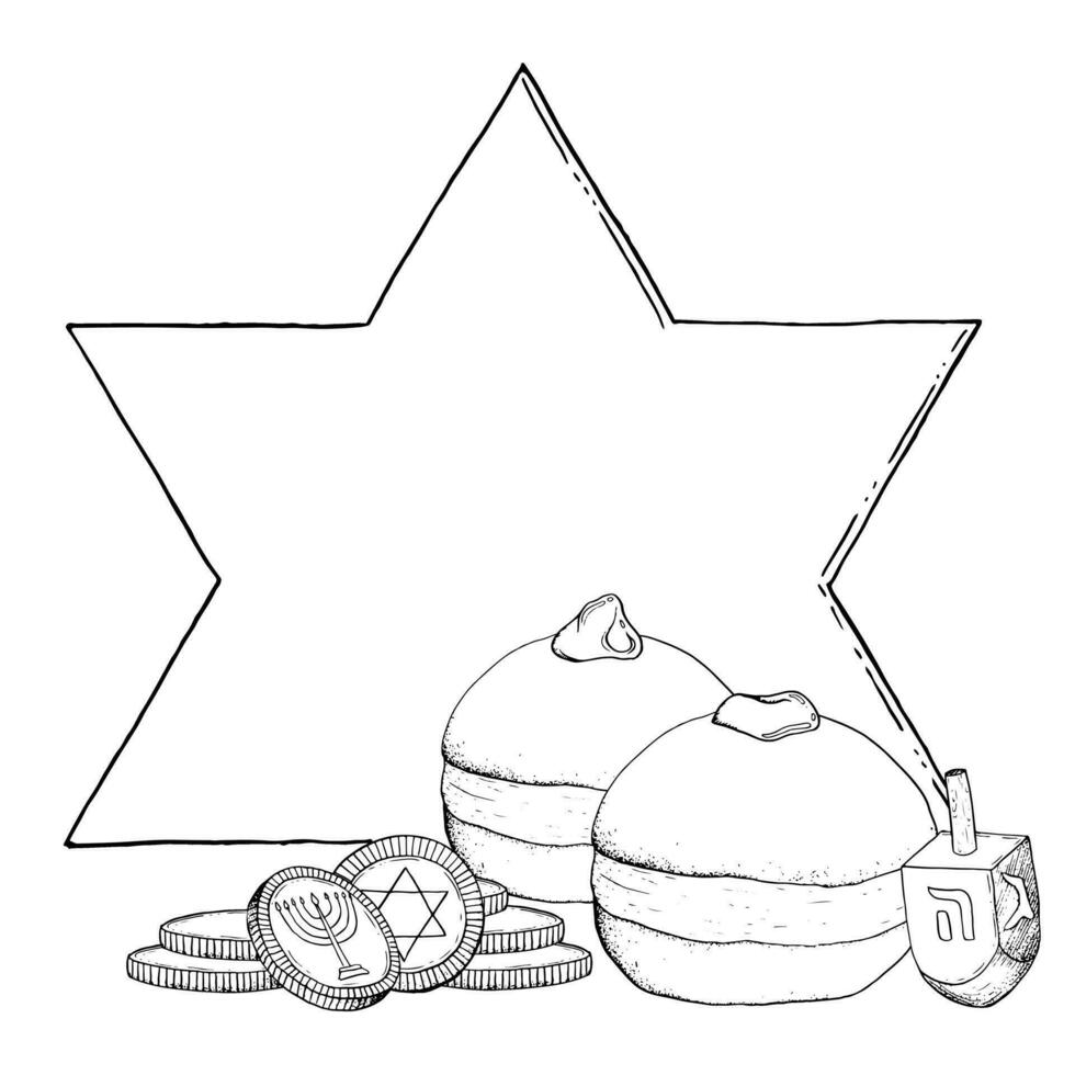 Lycklig hanukkah vektor mall med munkar för jewish Semester. svart och vit vektor illustration. hand dragen sufganiyot munkar och sevivon