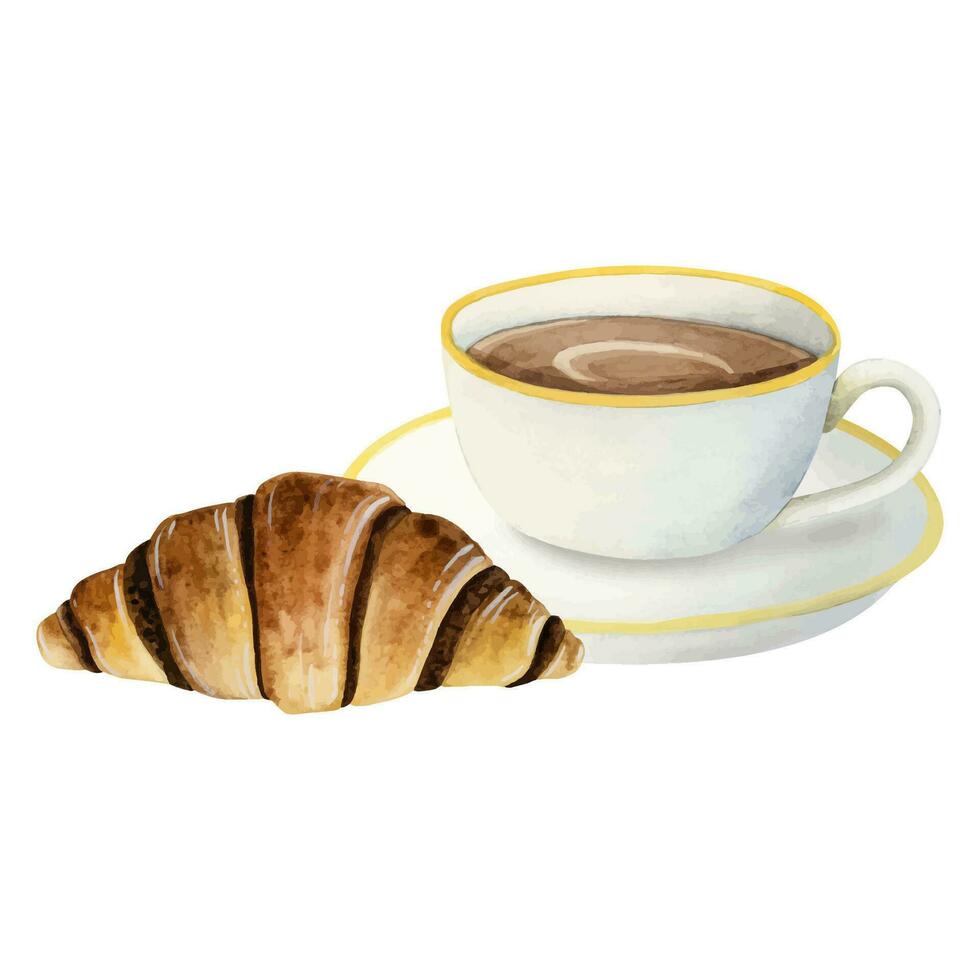 vit kaffe kopp med choklad franska croissant vattenfärg vektor illustration för kaffe ha sönder, frukost, menyer, inbjudningar