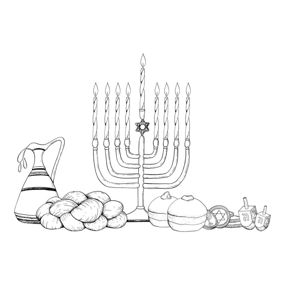 vektor jewish hanukkah symboler svart och vit grafisk illustration med menora, ljus, munkar, kanna av oliv olja, mynt, dreidels och Barkis