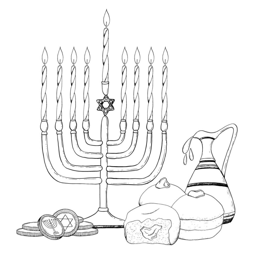 jewish hanukkah symboler svart och vit vektor illustration med menora, ljus, munkar, kanna av oliv olja och mynt