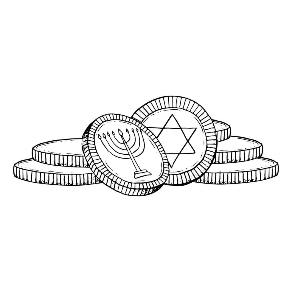 schwarz und Weiß Stapel von Chanukka Münzen mit Urlaub Menora und Star von David zum jüdisch Urlaub gelt Vektor Illustration