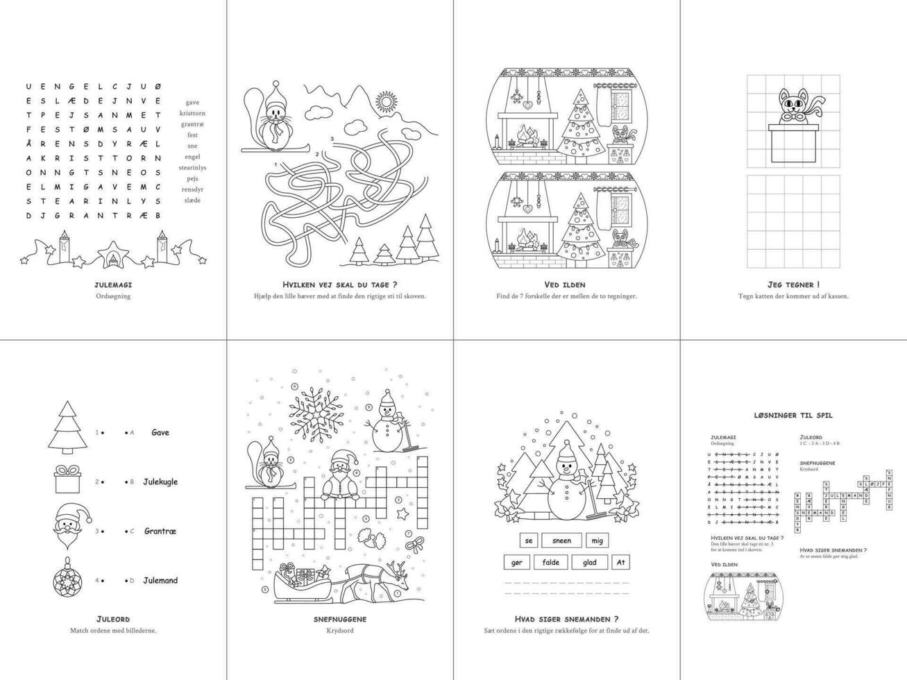 einstellen von Sieben Spiele. Weihnachten Thema. Spiel und Färbung Seite zum Kinder. dänisch Sprache. Vektor Illustration. einstellen Nein. 1.