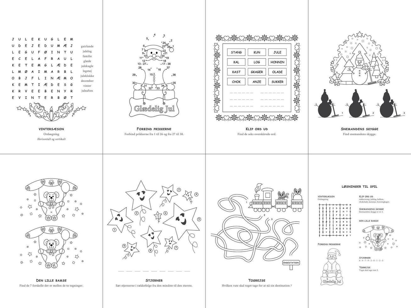 uppsättning av sju spel. jul tema. spel och färg sida för ungar. dansk språk. vektor illustration. uppsättning Nej. 3.