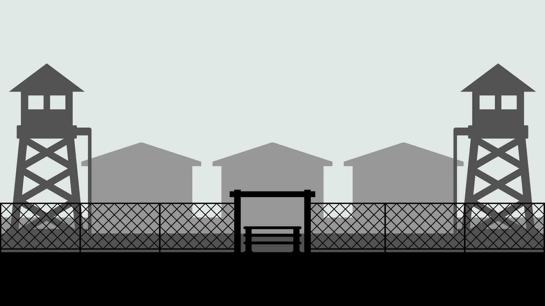 Militär- Base Landschaft Vektor Illustration. Silhouette von Militär- Base Tor mit Wachturm und Kaserne. Militär- Landschaft zum Hintergrund, Hintergrund oder Landung Seite