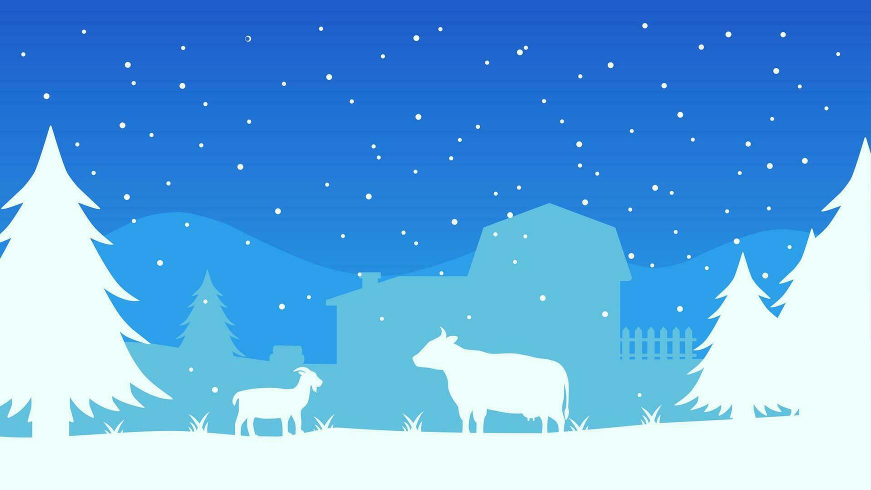 kall säsong landsbygden landskap vektor illustration. bruka silhuett landskap med boskap i vinter- säsong. lantlig lantbruk silhuett för bakgrund, tapet eller landning sida