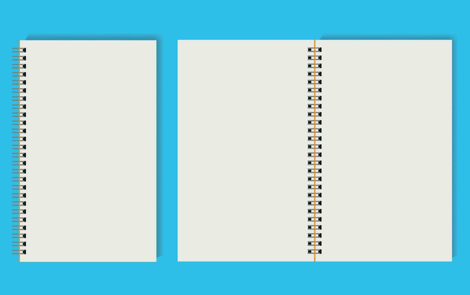 spiral tom öppen anteckningsbok, stängd vit öppen bok på en färgrik blå bakgrund. vektor