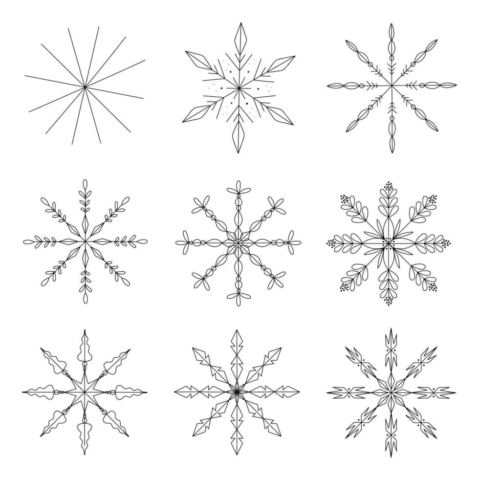 einstellen od Schneeflocken Gekritzel Stil. skizzieren. Design zum Winter Vorlagen. Vektor Illustration.