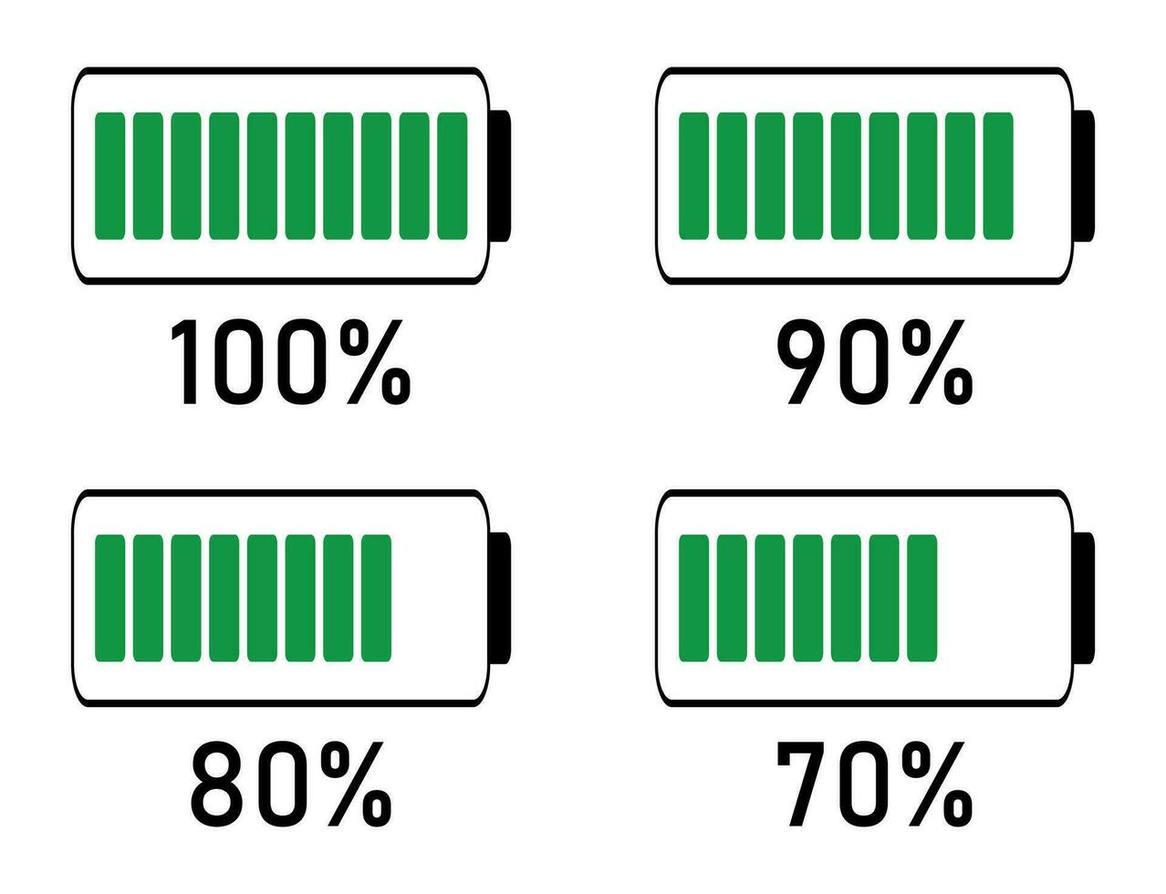 Prozentsatz Infografiken voll Batterie Aufladung, Energie eben, Fortschritt, Wachstum, Leistung Vektor Zeichen Symbole.