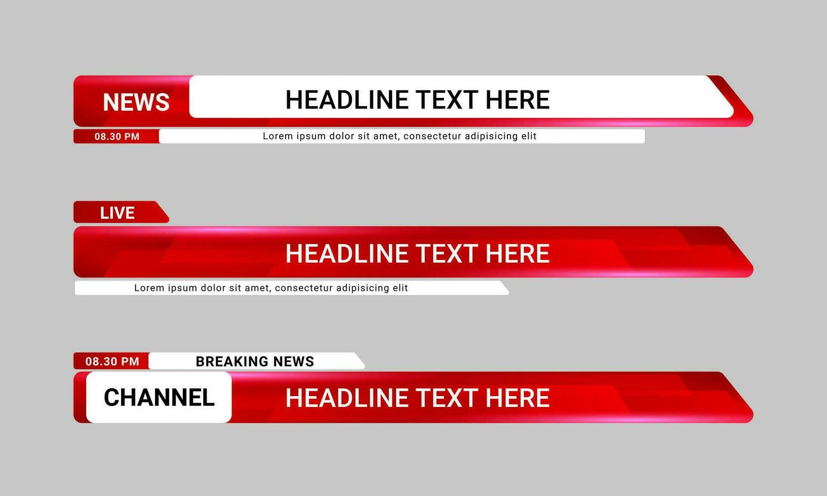 Nachrichtensendung Banner-Vektor im unteren Drittel. satz von vorlagen für den unteren drittelbalken für aktuelle nachrichten, sportnachrichten im fernsehen, video und online-medien vektor