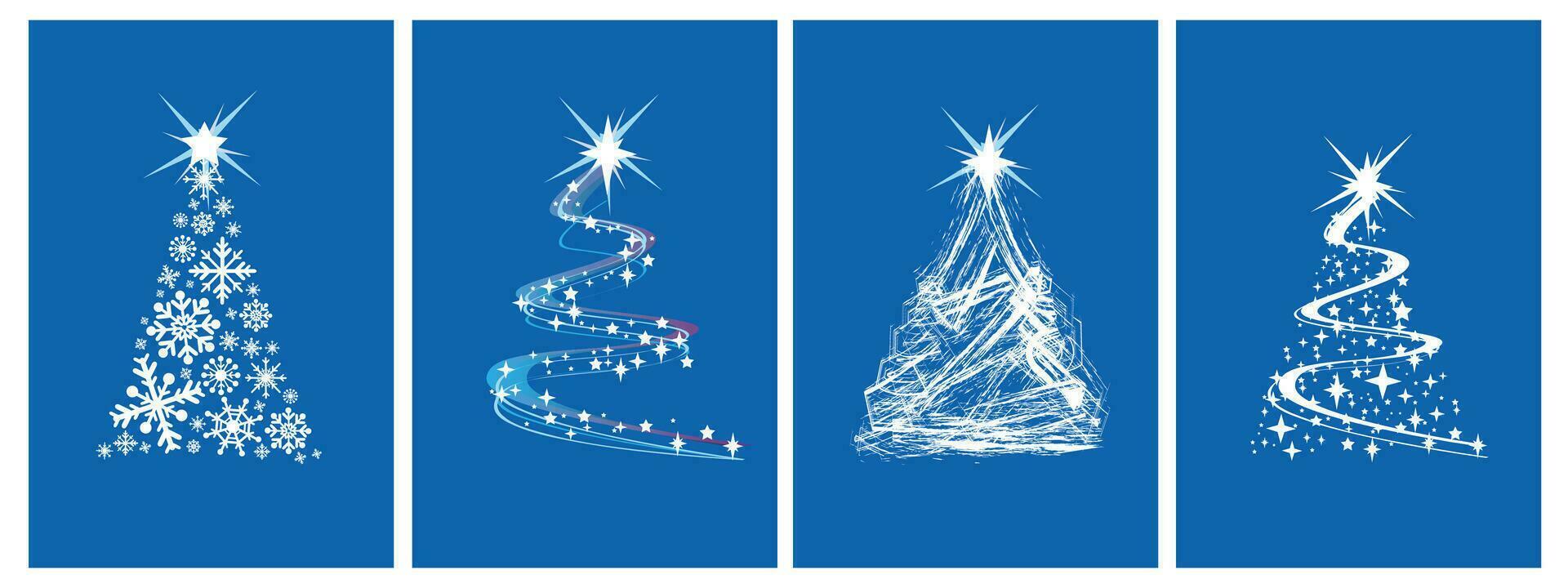 jul kort med blå magi träd. uppsättning av stråle vektor stiliserade jul träd på blå bakgrund vektor illustration.