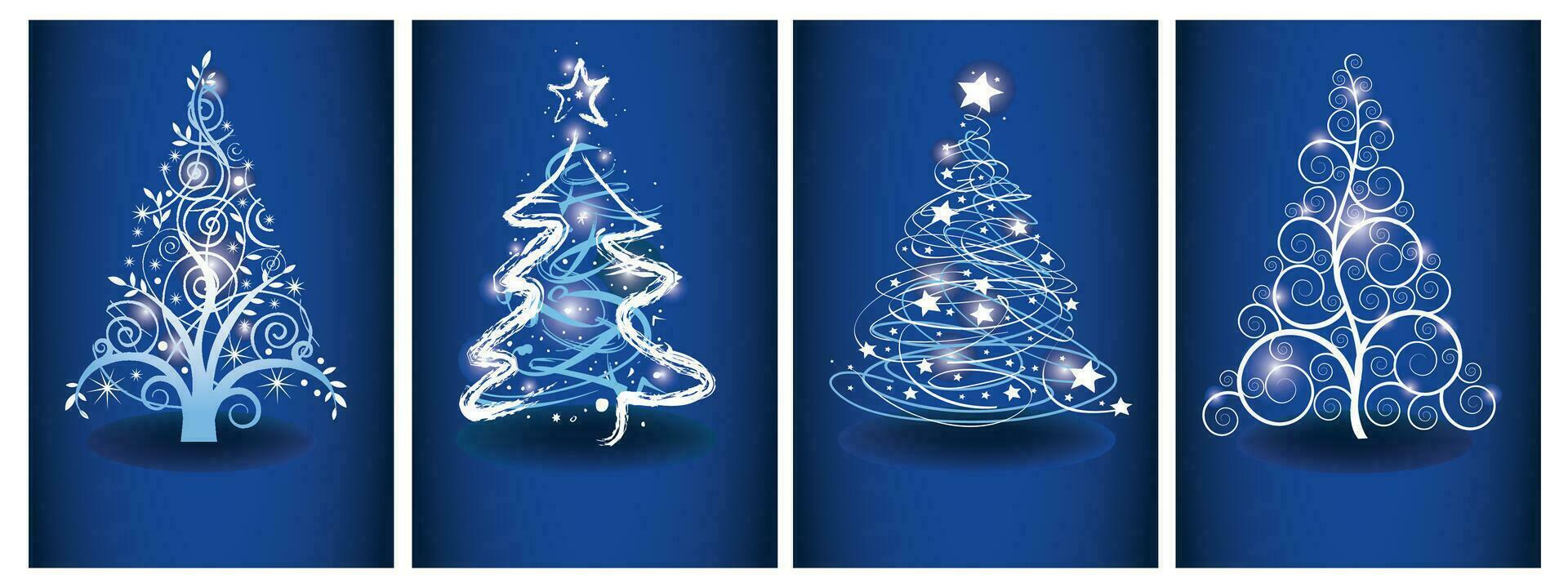 jul kort med blå magi träd. uppsättning av ljus vektor stiliserade jul träd. på blå bakgrund vektor illustration.