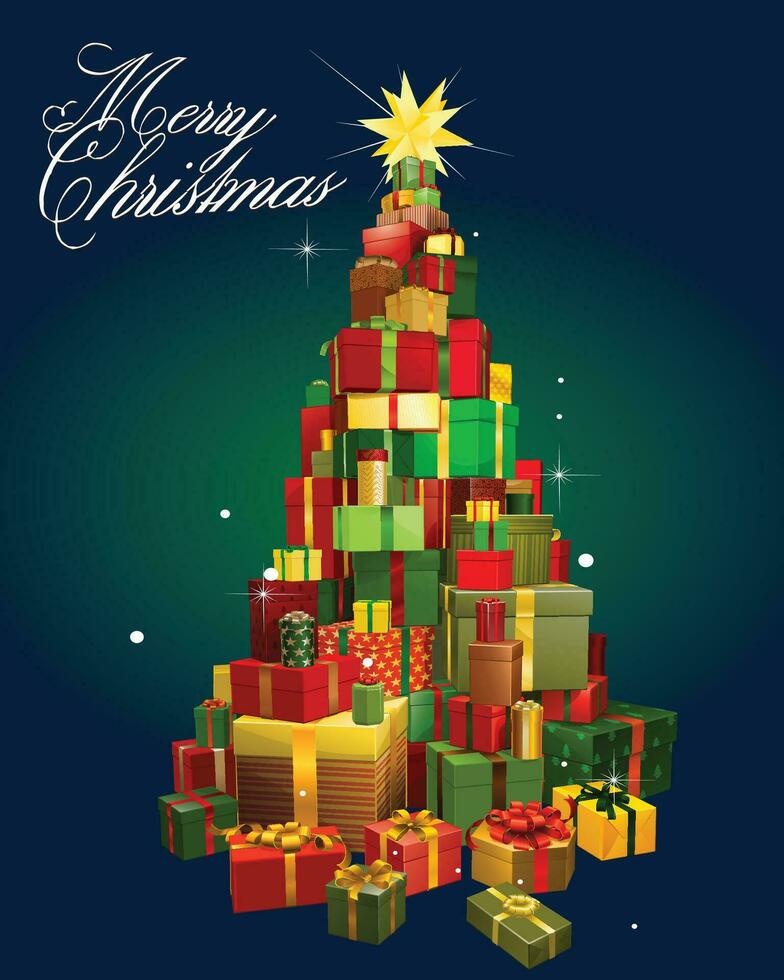 glad jul och ny år design. realistisk staplade gåva lådor formning en träd. Semester baner, webb affisch, flygblad, eleganta broschyr, hälsning kort. grön bakgrund vektor