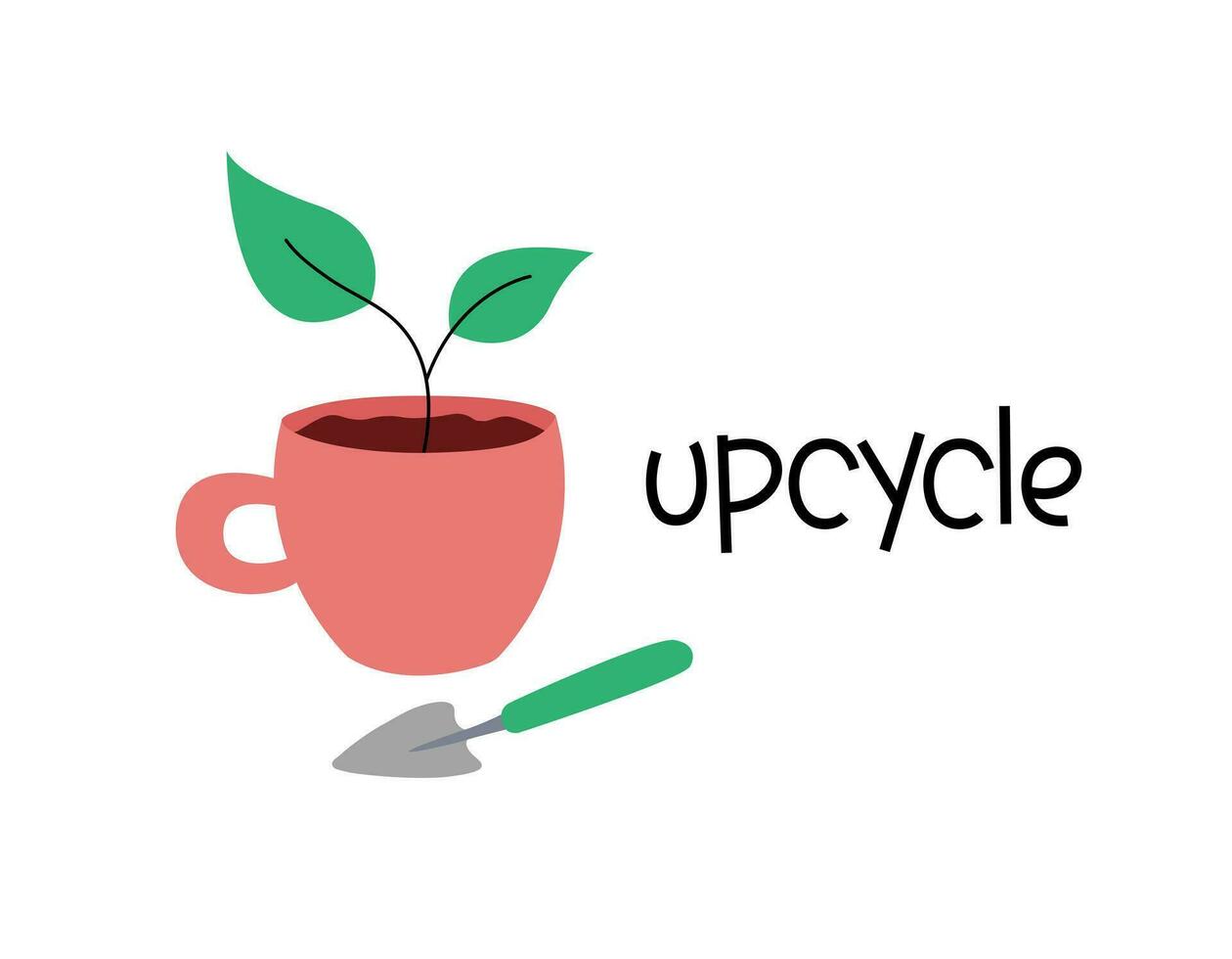 Upcycling Vektor Illustration. Wort Upcycling, Spatel und Becher mit Pflanze sprießen. Wiederverwendung Dinge Konzept