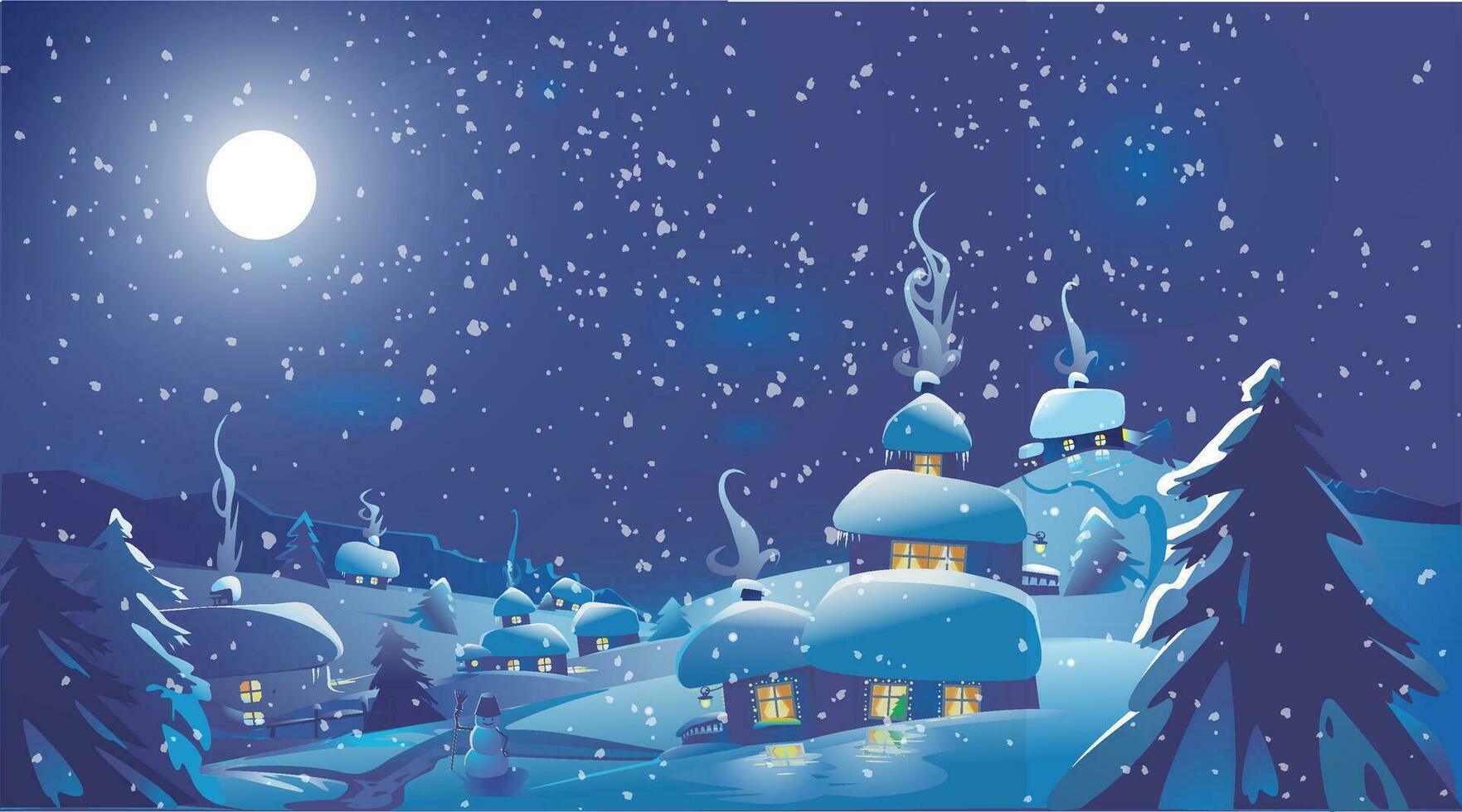 det snöar i de by på jul natt. vinter- landskap med skön månsken. vektor