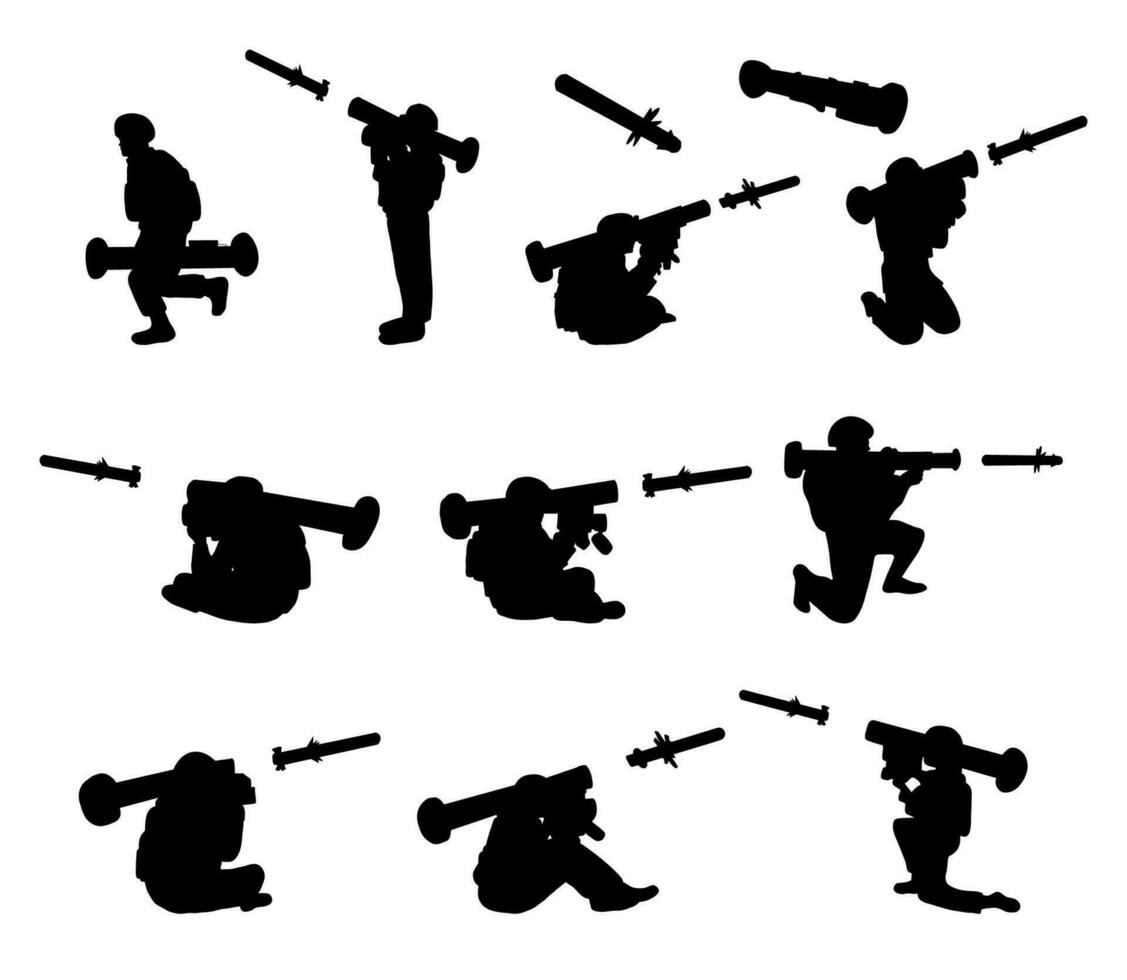 uppsättning av vektor illustrationer av soldater innehav antitank missiler.