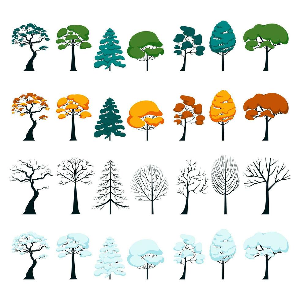 einstellen von Bäume im anders Jahreszeiten vier Jahreszeiten Vektor eben Illustration. gemischt Bäume Wald Parks Natur Sommer- Herbst Winter Frühling