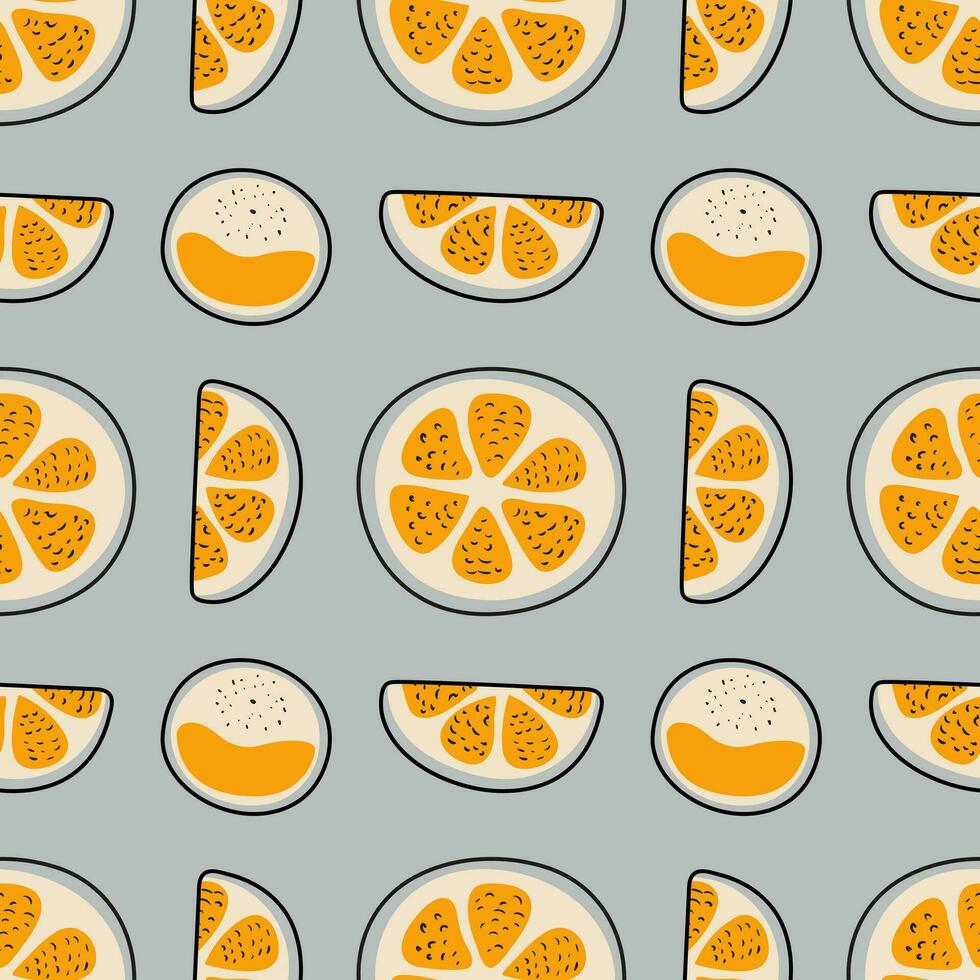 nahtlos Muster von Orange und Mandarine auf ein grau Hintergrund. Stücke von Frucht. Vektor Illustration