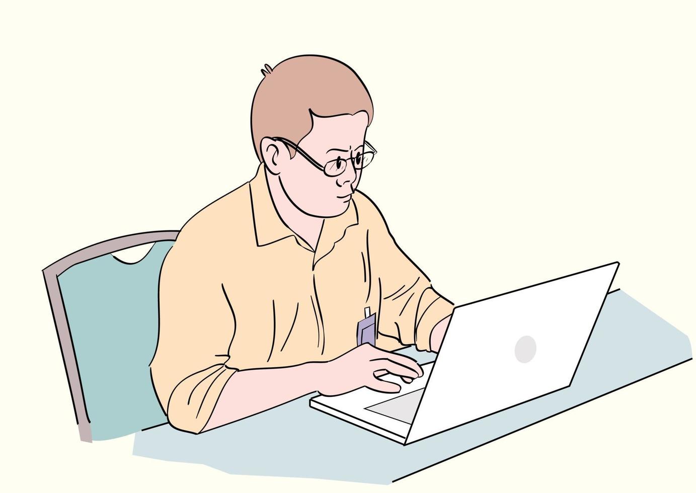 ein Mann, der vor einem Laptop arbeitet. handgezeichneter Illustrationsstil vektor