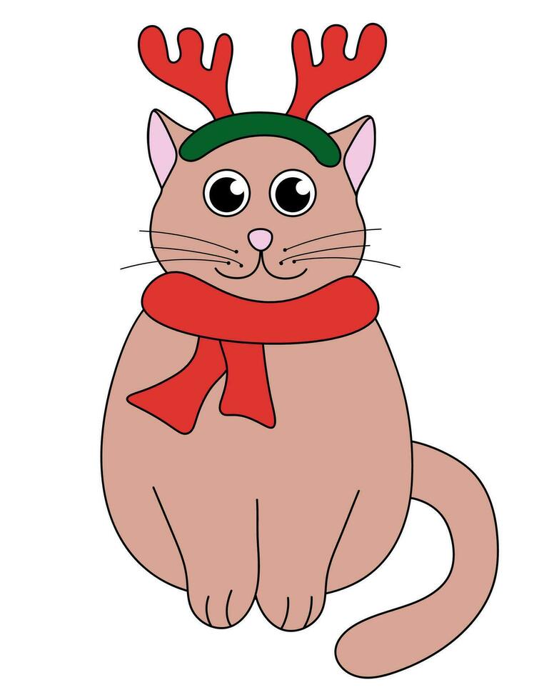 Karikatur Weihnachten und Neu Jahr Katze Charakter. süß Kätzchen mit Hirsch Geweih Stirnband und Schal. Vektor eben Illustration.