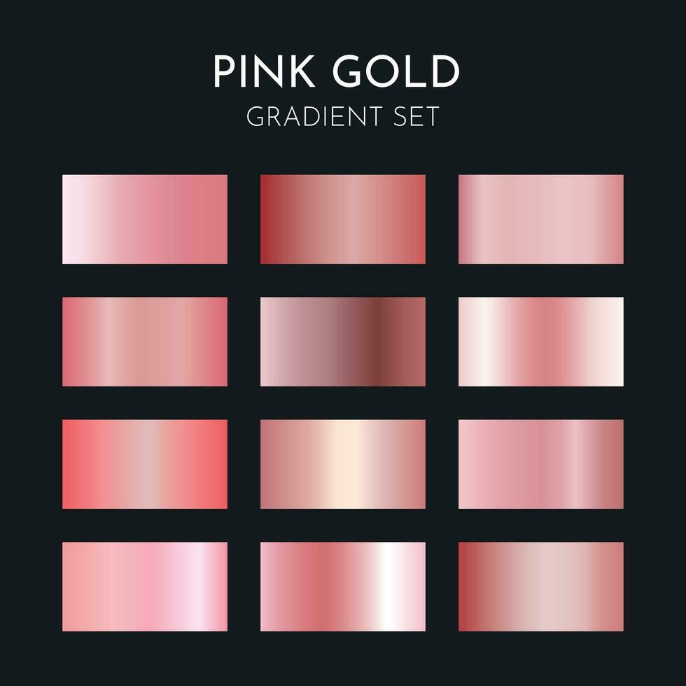 einstellen von Rosa Gold Gradient. Gold vereiteln Textur Hintergrund Satz. Vektor golden, Kupfer, Messing- und Metall Gradient Vorlage. Gold Gradient Vektor Palette zum Hintergrund Vorlage