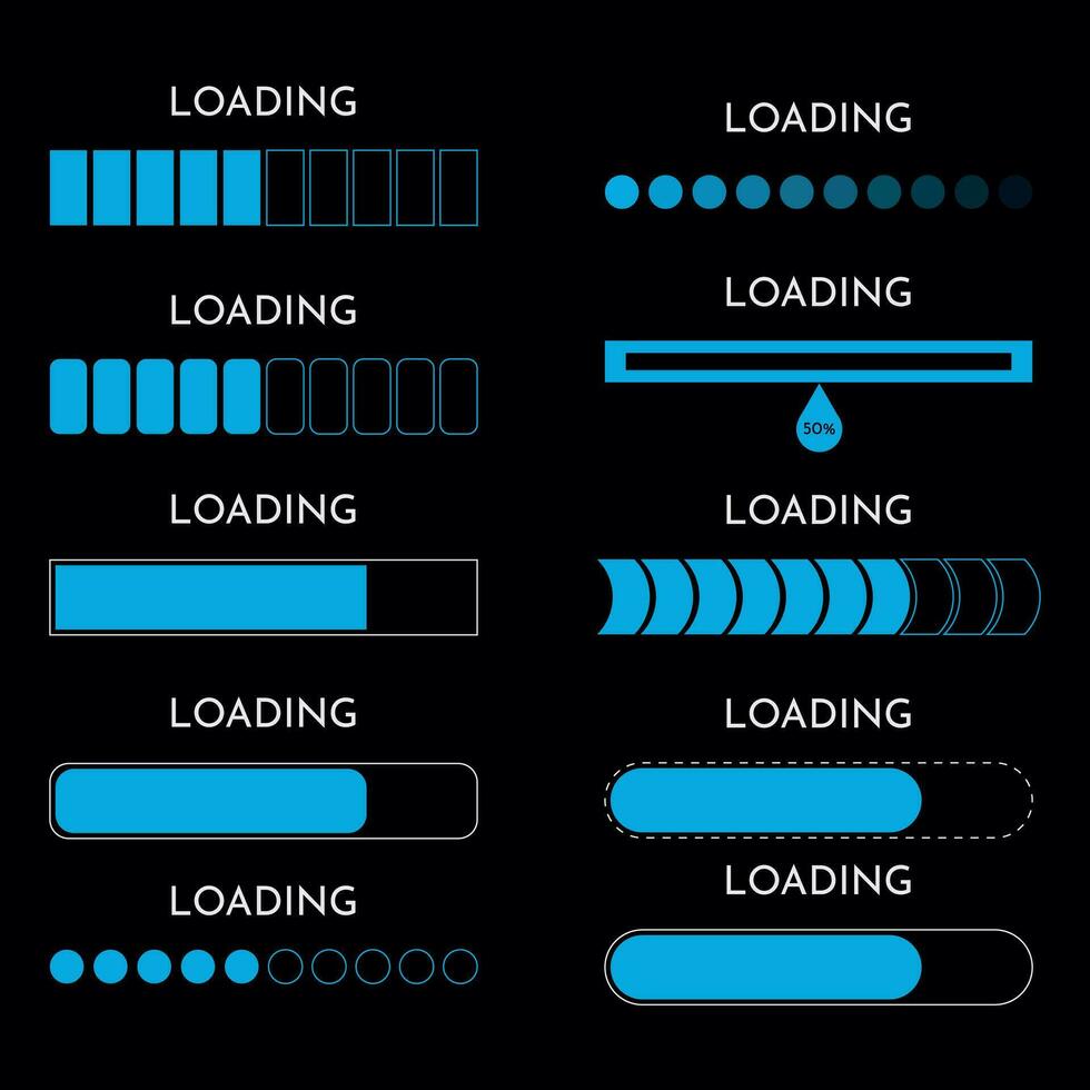 einstellen Wird geladen auf Monitor Technologie Konzept Design. hud Wird geladen Prozess und Status Riegel, Vektor Schnittstelle Symbole. Blau Elemente, schwarz Hintergrund. hud Wird geladen Riegel auf Digital Bildschirm, Instrumententafel Panel ui