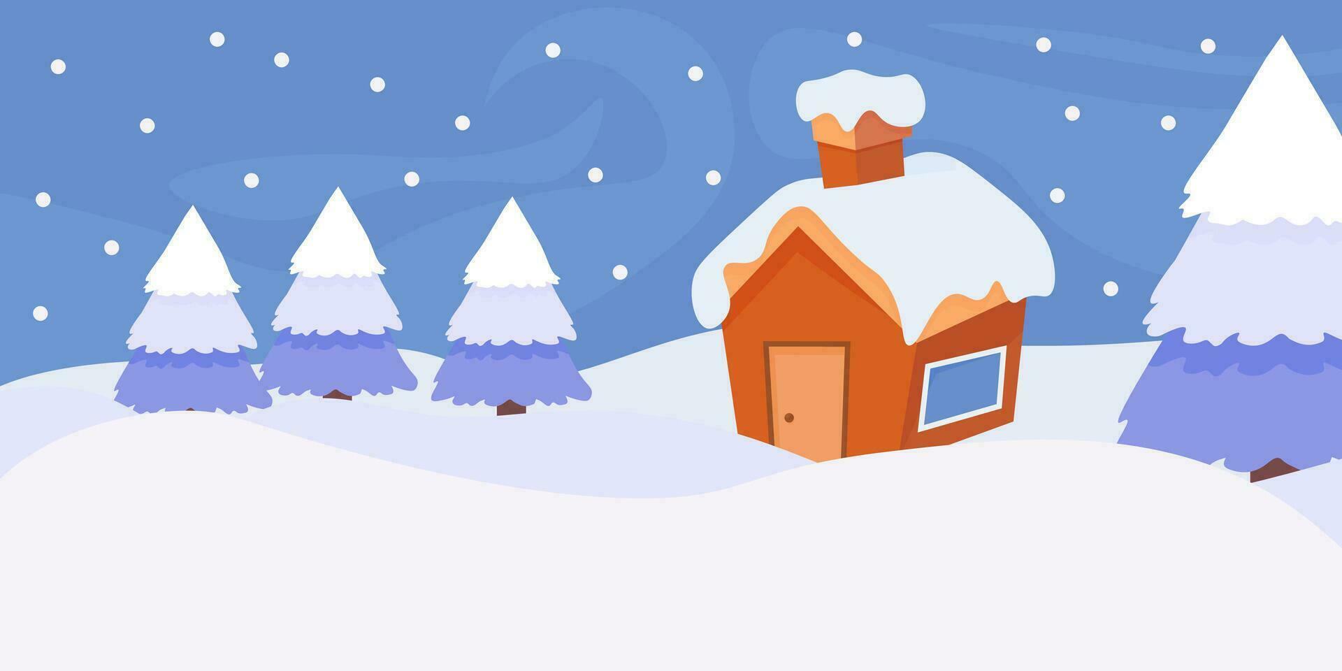 gemütlich wenig Haus im das Winter Wald. Winter Landschaft. Vektor Illustration. Land Haus.