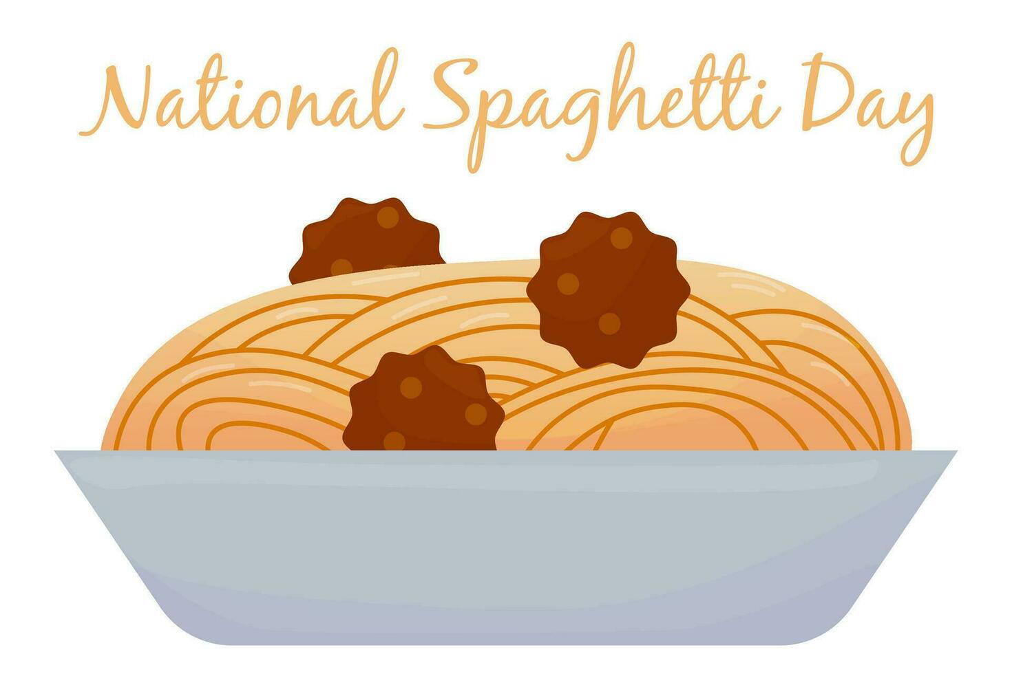 nationell spaghetti dag. spaghetti och köttbullar i en djup maträtt på en vit bakgrund. vektor illustration