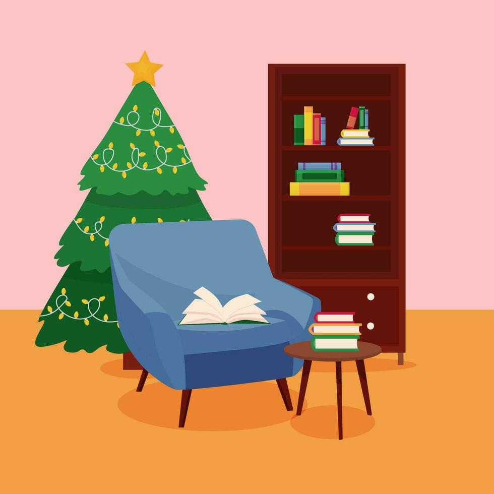 ein Weihnachten Zimmer mit ein Weihnachten Baum, ein Bücherregal, ein Sessel und ein Tisch. Weihnachten Fee Erzählungen. Vektor Illustration. lesen Buch