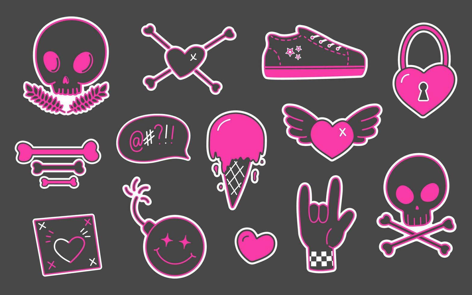 uppsättning av trendig emo klistermärken. 2000-talet estetisk, skalle, hjärta, bomba, is grädde, vingar, sten tecken, svart och rosa färger, vektor illustration