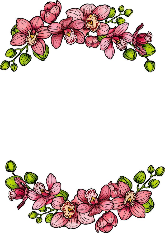 Kranz , runden Blumen- Rahmen von Rosa Orchidee Blumen, Hand gezeichnet skizzieren, Einladung Karte, Hochzeit Design vektor