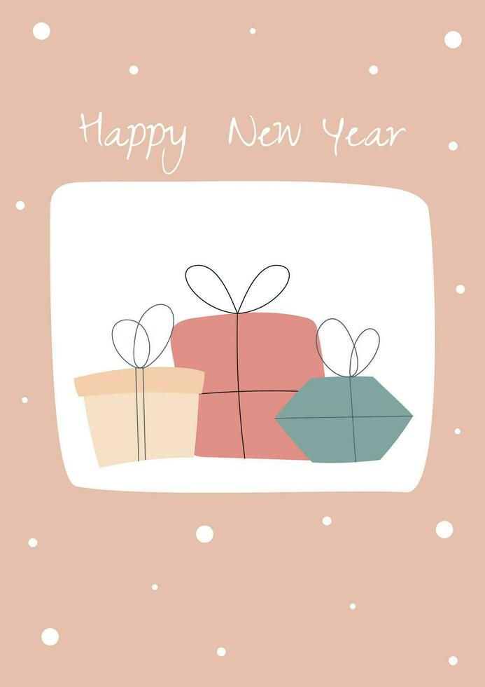 glücklich Neu Jahr Postkarte mit süß einfach Geschenk Kisten mit Linie Bögen vektor