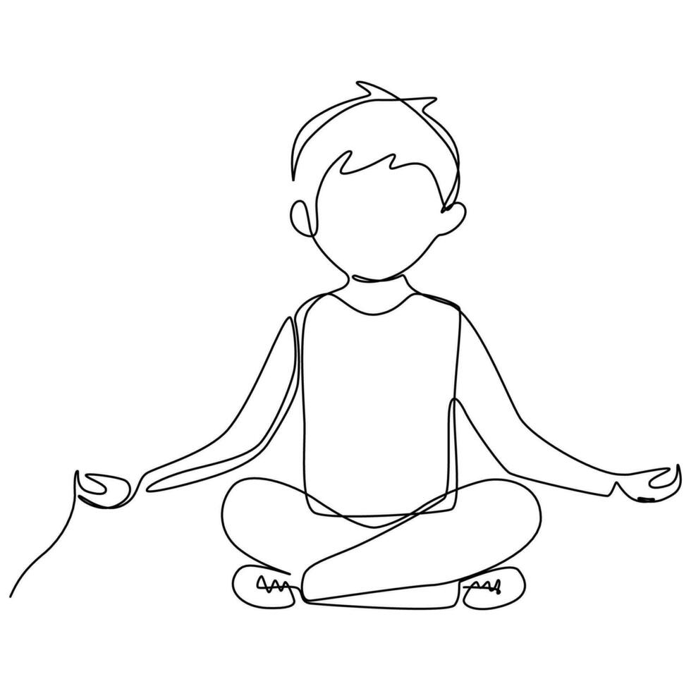 kontinuierlich einer Linie Zeichnung. wenig Junge Sitzung im Pose Kreuz Beine meditieren. editierbar Schlaganfall. Vektor Illustration