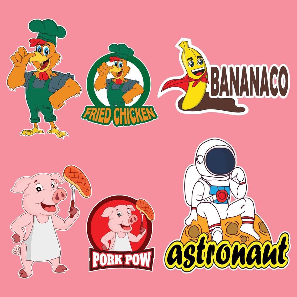 Maskottchen Zeichentrickfigur Logo Huhn, Superbanane, Schwein, Astronaut vektor