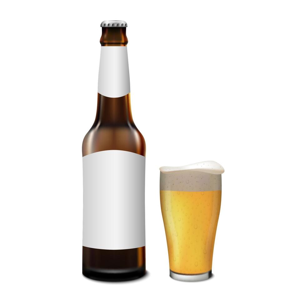Bierflasche und Glas Bier auf weißem Hintergrund vektor