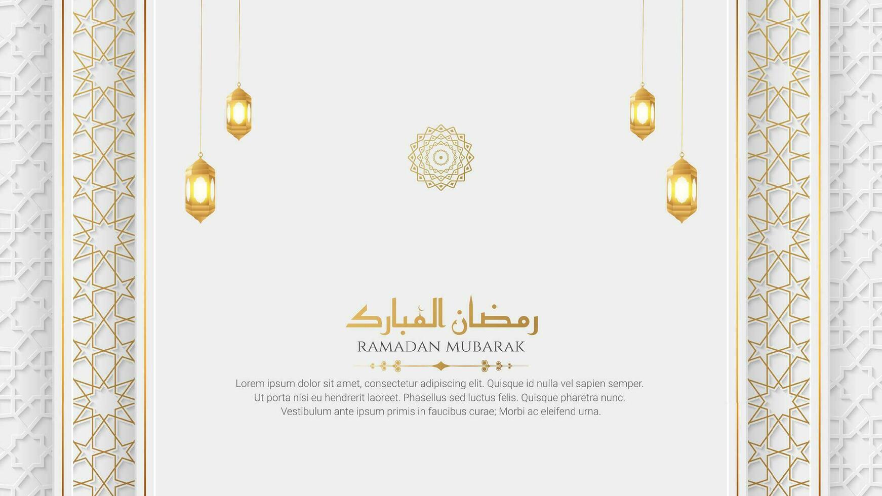 Ramadan kareem Arabisch elegant Weiß und golden Luxus islamisch Zier Hintergrund mit islamisch Rand und dekorativ hängend Laterne Ornament vektor