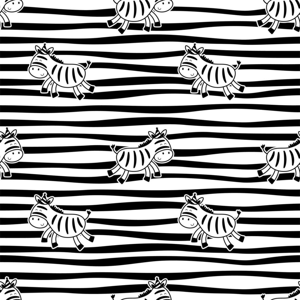 Zebras mit Party Hut Hand gezeichnet nahtlos Muster. süß Karikatur Zebra auf ausgezogen Hintergrund vektor