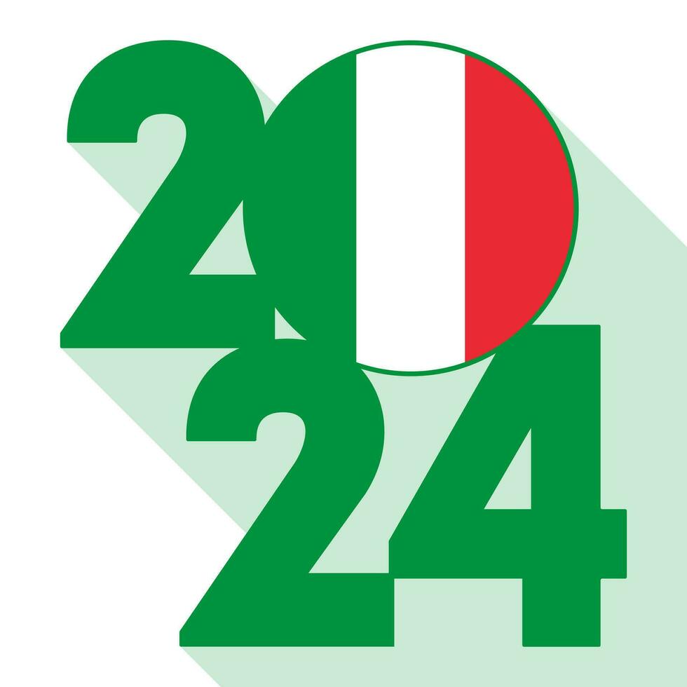 glücklich Neu Jahr 2024, lange Schatten Banner mit Italien Flagge innen. Vektor Illustration.