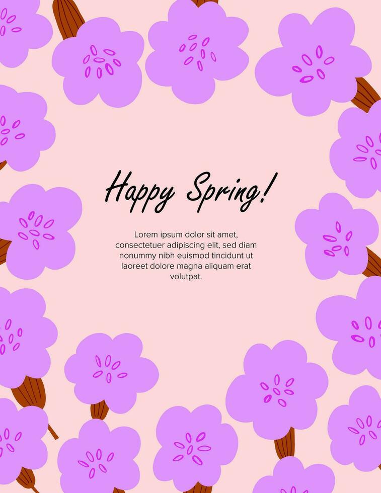 Frühling Postkarte Design mit einfach Gekritzel Blumen Rahmen auf Rosa Hintergrund. Ostern Postkarte mit Blumen vektor