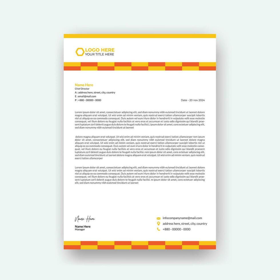företags- brev mall design i a4, kreativ brev design mall för din företag, brevpapper, brev huvud, gul Färg brev design. vektor
