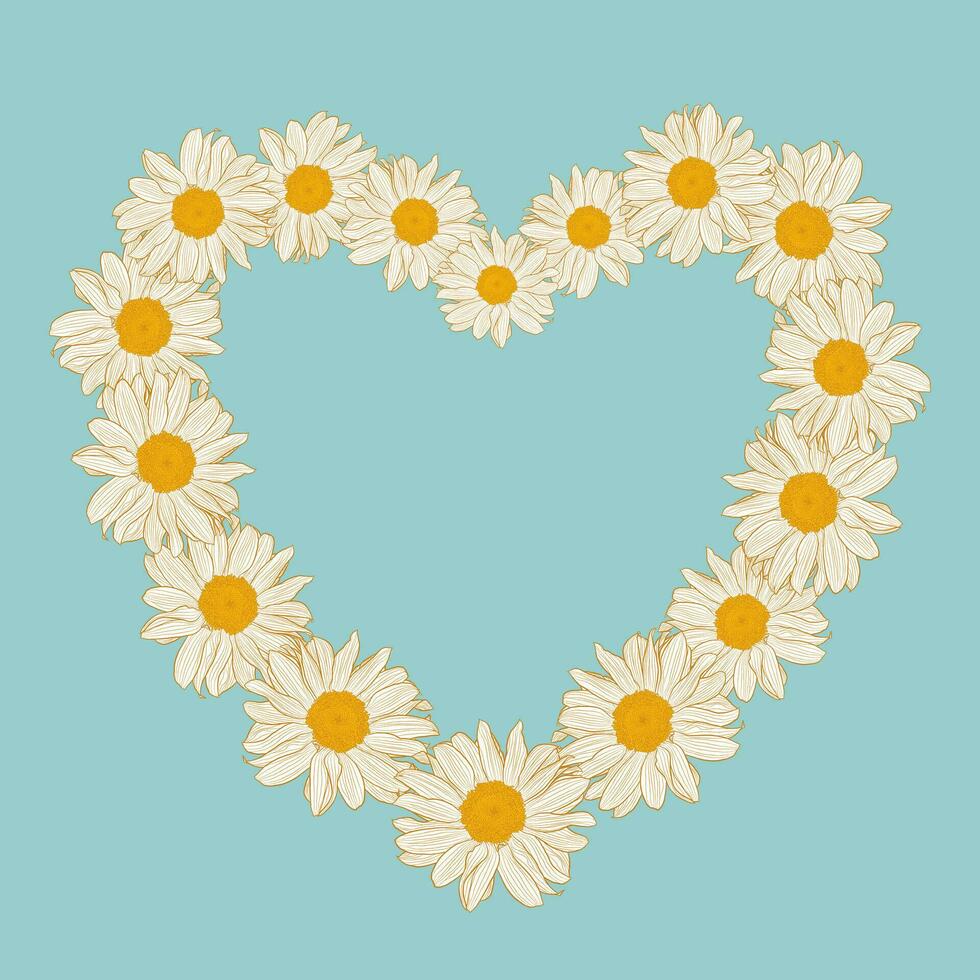 blommig krans från daisy i de form av hjärta på blå bakgrund. vektor illustration element med kopia Plats, Maj använda sig av för hälsning kort, inbjudningar, bröllop, födelsedag, påsk, paket design.