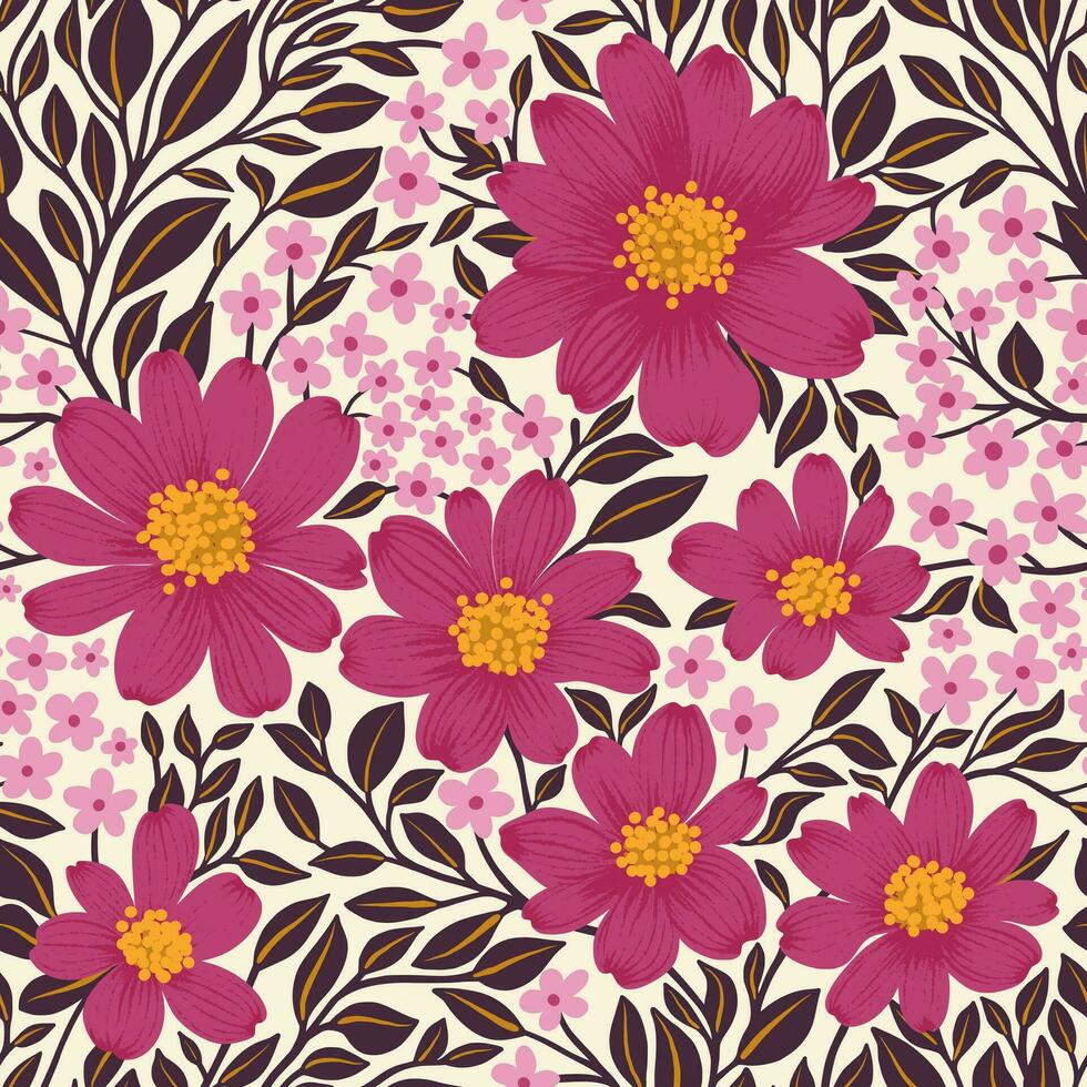 blommig sömlös mönster av magenta rosa blommor och violett gul löv på vit bakgrund, tapet design för textilier, papper, grafik, mode bakgrunder, skönhet Produkter vektor