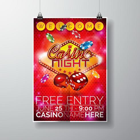 Vektor Party Flyer Design auf einem Casino-Thema mit Chips und Würfel auf rotem Hintergrund.