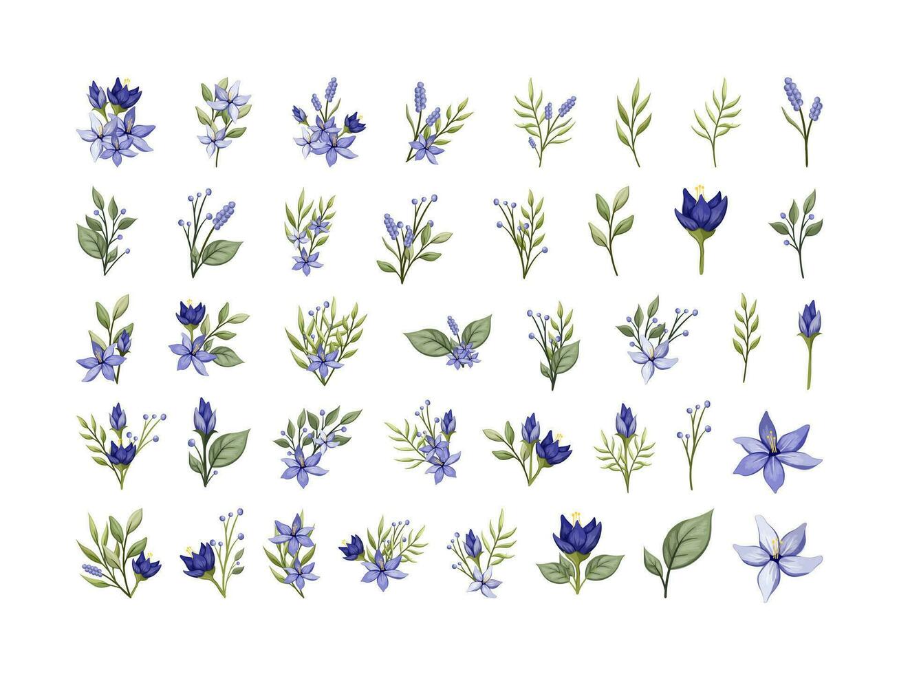 blå blommig kransar vattenfärg stil. blomma med löv samling vektor illustration på vit bakgrund.