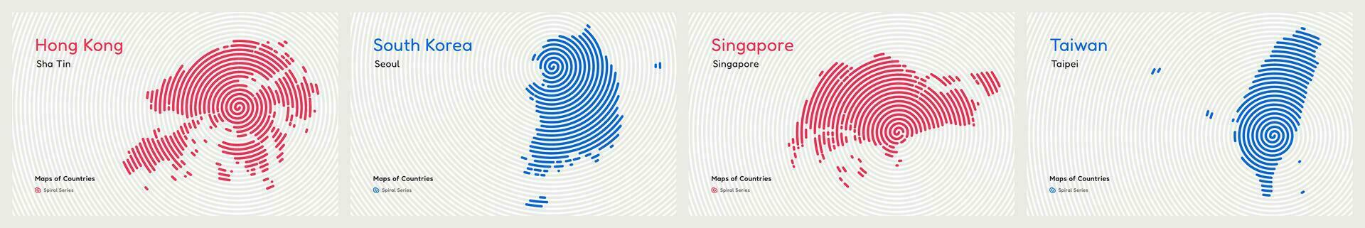 kreativ uppsättning av fyra asiatisk tigrar, söder korea, hong kong, singapore, taiwan. huvudstad. tiger Valp ekonomier. värld länder vektor Kartor. spiral fingeravtryck serier