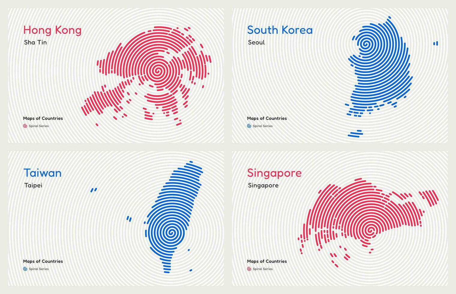 kreativ uppsättning av fyra asiatisk tigrar, söder korea, hong kong, singapore, taiwan. huvudstad. tiger Valp ekonomier. värld länder vektor Kartor. spiral fingeravtryck serier